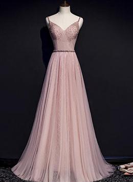 Picture of Pink V-neckline Beaded Tulle Prom Dresses , Party Gown